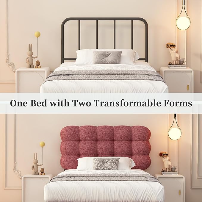 BarnFurin Twin Bed Frame with Upholstered Headboard, Teddy Soft Boucle Fabric, Platform Bed with Strong Wooden Slats Support, Two Bed Forms Design, No Boxing Spring Needed, Easy Assembly, Rose