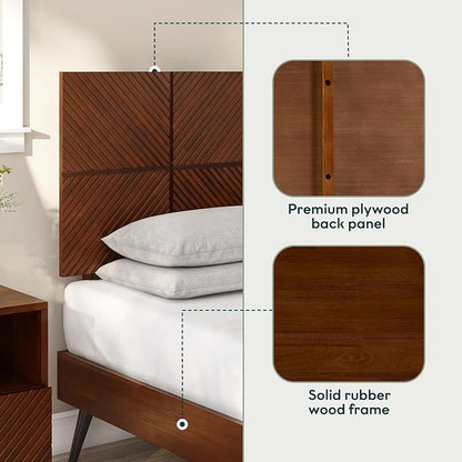Bme Rhombus Queen Bed Frame – Solid Acacia Wood with Geometric Rhombus Headboard, Walnut Finish, Scandinavian Modern Platform Bed with Sturdy Slats & Metal Legs, No Box Spring Needed