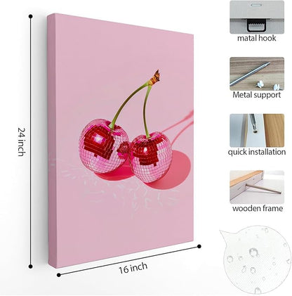 APJYM Trendy Hot Pink Disco Ball Cherry Wall Art, Preppy Room Decor, Y2K Room Decor, Funky Y2K Aesthetic Wall Art for Girls Bedroom Dorm Apartment, 16x24 Inches Framed