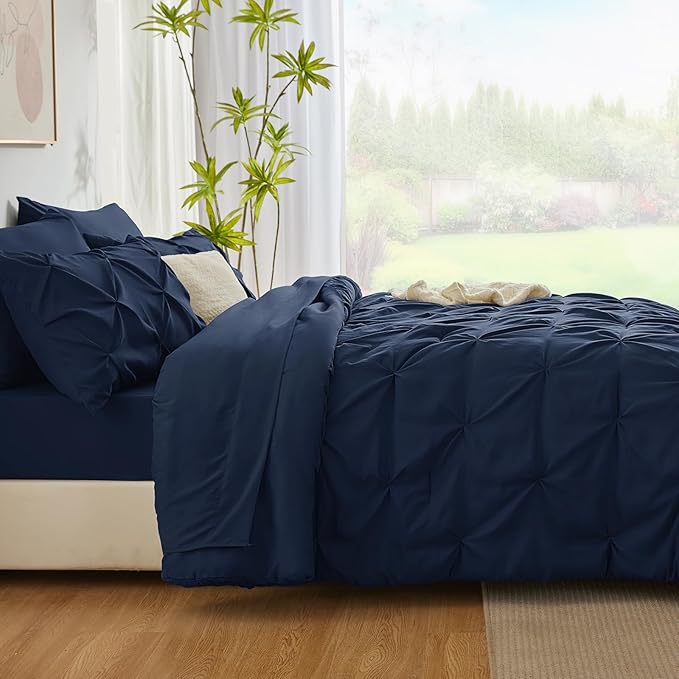 CozyLux Twin XL Comforter Set Navy Blue, 5 Pieces Twin Extra Long Pintuck Bed in A Bag for College Dorm, Pinch Pleat Bedding Set with Comforter, Sheets, Pillowcase & Sham