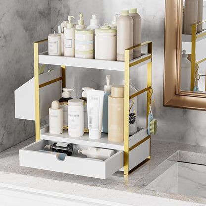 2-Tier Bathroom Counter Organizer with Drawer and Basket, Wood Countertop Organizer for Storage, Skincare Organizers for Vanity, Counter Shelf for Bathroom Organization(White-gold)
