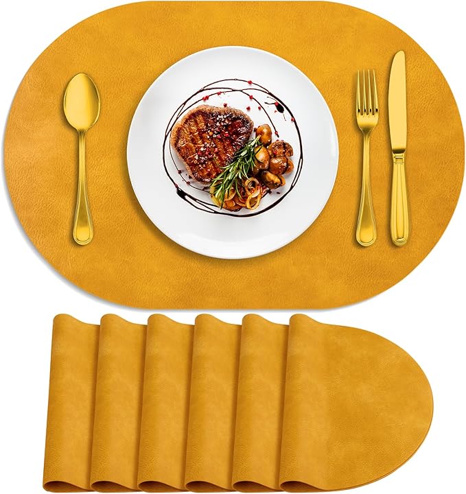 ADRIMER Placemats, Heat Resistant Oval Placemats Set of 6 Washable 12 x 17 Inch, Waterproof Table Mats, Wipeable Pu Place Mats for Kitchen, Dining Room, Yellow