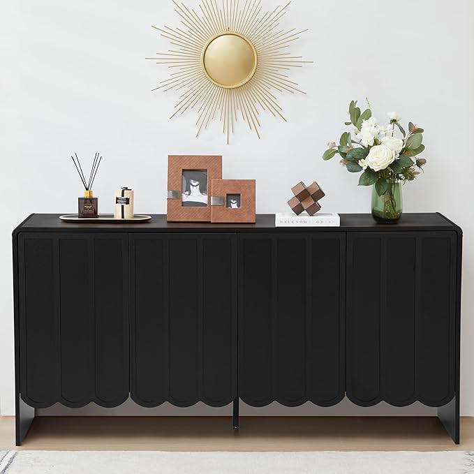 ORRD Sideboard Buffet Cabinet, Accent Storage Cabinets with 4 Doors, Farmhouse Wood Cabinet with Adjustable Shelves and Wave Panel for Living Room, Dining Room, Entry - Black