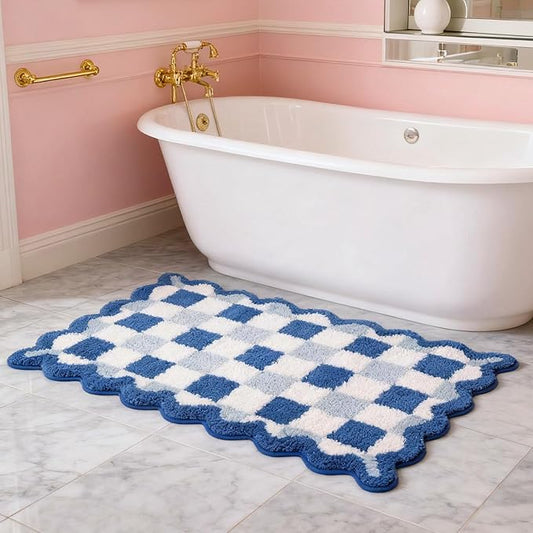 ORTIGIA Cute Blue Checkered Scalloped Bath Mat, Fun Plush Microfiber Bathroom Rugs Non Slip Washable Quick Dry Absorbent, Bath Rug for Shower Stall Vanities Kitchen Floor Entrance, 20x32