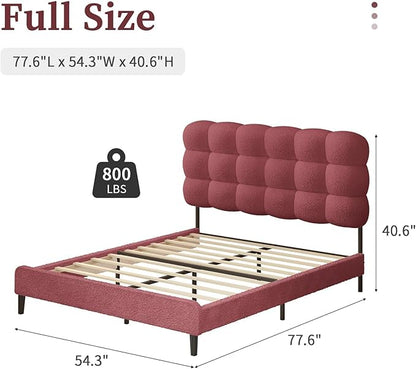 BarnFurin Full Size Bed Frame with Upholstered Headboard, Teddy Soft Boucle Fabric Platform, Bed with Strong Wooden Slats Support, Two Bed Forms Design, No Boxing Spring Needed, Easy Assembly, Rose