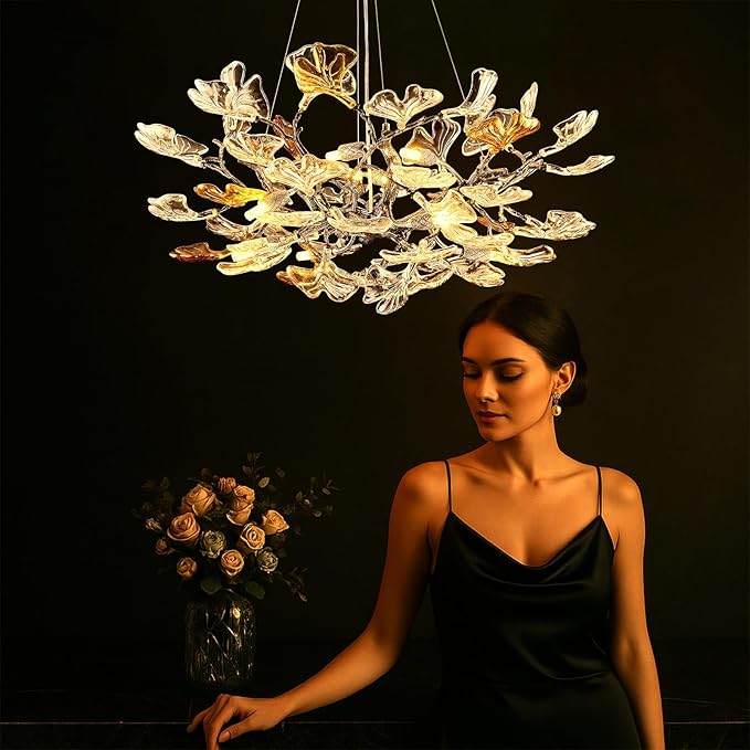 Modern Chandelier for Dining Room, Modern D31.5" Ginkgo Leaf Black Tree Branch Chandelier, Farmhouse Round Chandeliers Over Dining, Glass Lights for Living Room Bedroom Kitchen Island, 10-Light