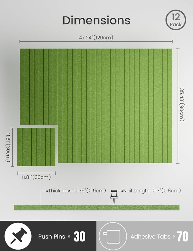 Bumusty Large Cork Board Alternative-47 x35 Felt Bulletin Board Tiles, with 30 Pushpins, 70 Adhesive Tabs, 12-Pack Slat Wall Paneling, Cork Boards for Office Push Pin Board Felt Board-Grass Green