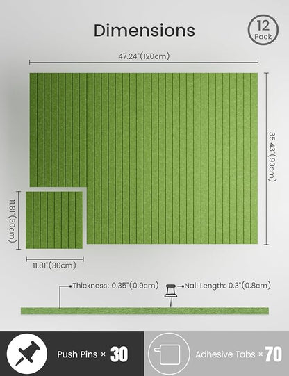 Bumusty Large Cork Board Alternative-47 x35 Felt Bulletin Board Tiles, with 30 Pushpins, 70 Adhesive Tabs, 12-Pack Slat Wall Paneling, Cork Boards for Office Push Pin Board Felt Board-Grass Green