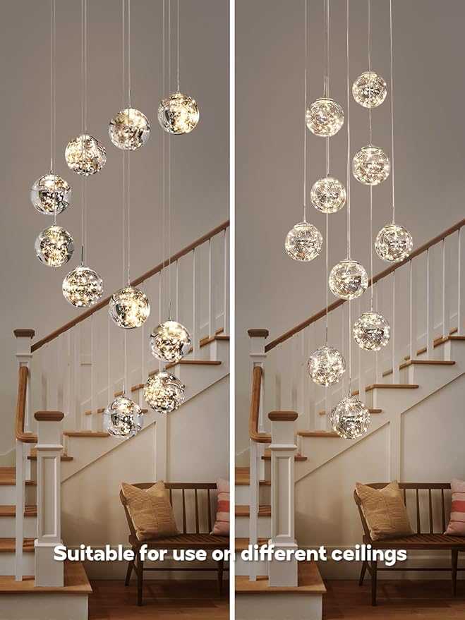 10-Light High Ceilings Long Chandeliers LED Staircase Chandelier High Ceiling Chandelier for Entryway,Modern Crystal Long Pendant Light, Adjustable Length 16" W x79 H，50W