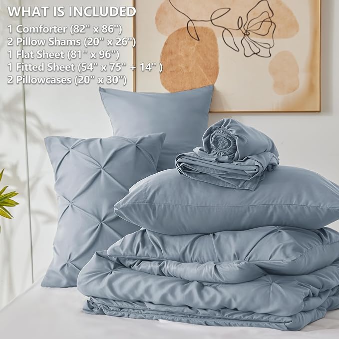 CozyLux Full Size Comforter Sets Grayish Blue, 7 Pieces Pintuck Bed in A Bag Blue Comforter Full Size, Pinch Pleat Bedding Sets with All Season Comforter, Sheets, Pillowcases & Shams