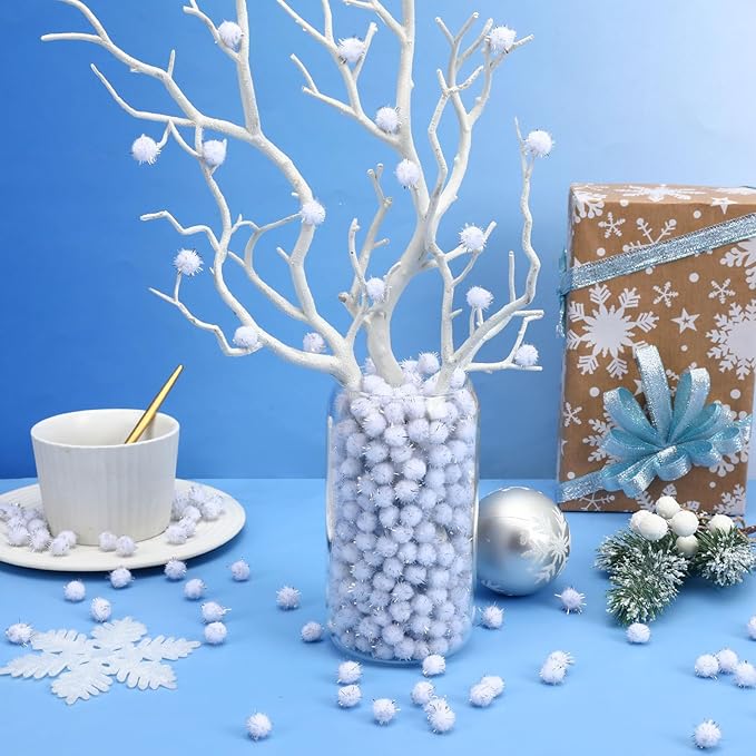 SEPGLITTER Christmas Pom Poms Balls, 1000 Pieces Light White Glitter Pompoms Pom Poms for Crafts Making DIY Holiday Christmas Decorations Supplies (0.4 inch/1 cm )