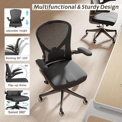Ergonomic Office Chair with Adjustable Lumbar Support & Flip-Up Armrests - High Back Desk Chair with Thickened Seat Cushion, Rolling Wheels for Home/Office Study Work (01Blcak)
