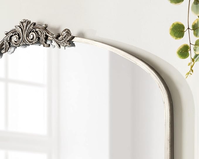 Kate and Laurel Arendahl Ornate Traditional Arched Mirror; 36 x 29; Silver; Decorative Baroque Style Arched Wall Mirror with Wide Frame and Crown
