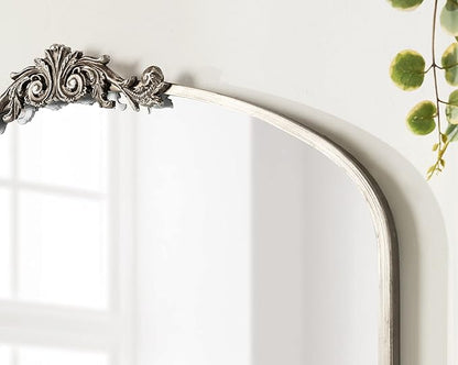 Kate and Laurel Arendahl Ornate Traditional Arched Mirror; 36 x 29; Silver; Decorative Baroque Style Arched Wall Mirror with Wide Frame and Crown