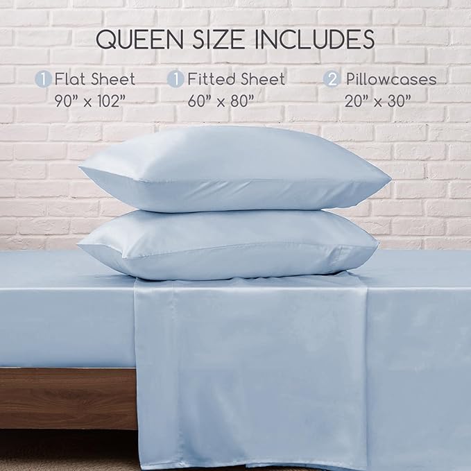 MR&HM Satin Bed Sheets with Elastic Corner Straps, Queen Size Sheets Set, 4 Pcs Silky Bedding Set with 15 Inches Deep Pocket for Mattress (Queen, Blue Haze)