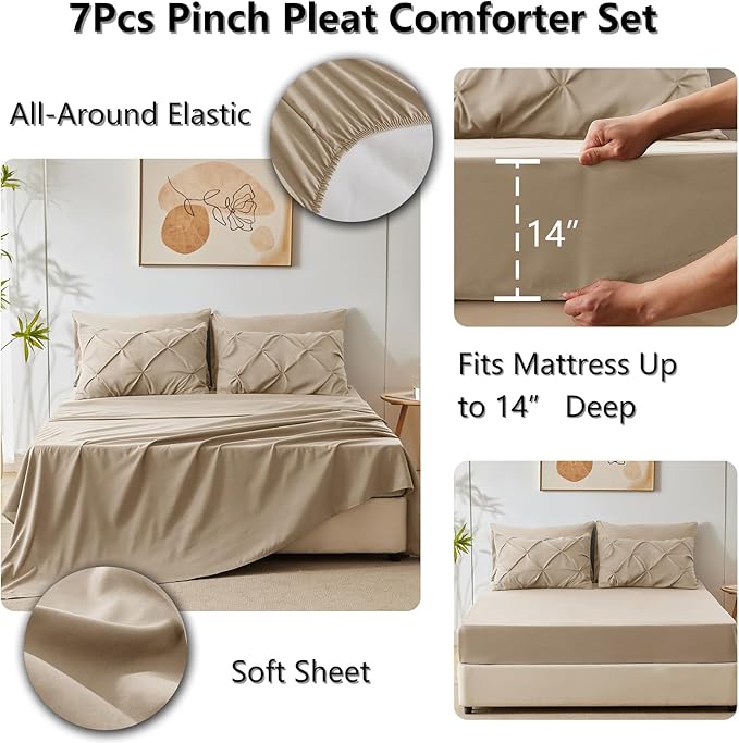 CozyLux King Size Comforter Set Taupe, 7 Pieces Pintuck Bed in A Bag Taupe Comforter King Size, Pinch Pleat Bedding Set with All Season Comforter, Sheets, Pillowcases & Shams