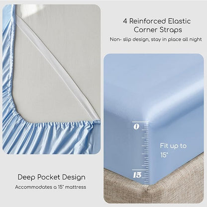 MR&HM Satin Bed Sheets, King Size Sheets Set, 4 Pcs Silky Bedding Set with 15 Inches Deep Pocket for Mattress (King, Light Blue)