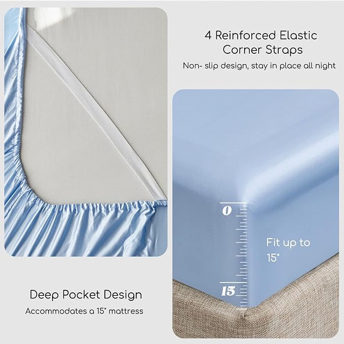 MR&HM Satin Bed Sheets, Full Size Sheets Set, 4 Pcs Silky Bedding Set with 15 Inches Deep Pocket for Mattress (Full, Light Blue)