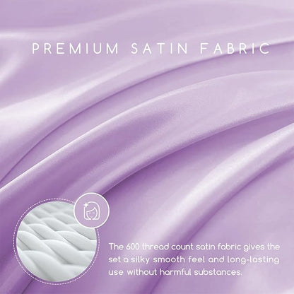 MR&HM Satin Bed Sheets with Elastic Corner Straps, Full Size Sheets Set, 4 Pcs Silky Bedding Set with 15 Inches Deep Pocket for Mattress (Full, Lilac)