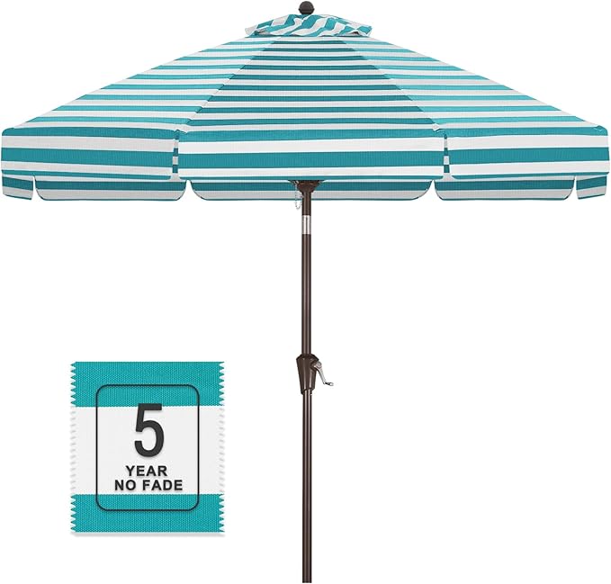 MASTERCANOPY 9ft Olefin Valance Patio Umbrella with Tilt Crank, 5-Year-Non-Fading Canopy & 8 Fiberglass Ribs for Deck, Patio, and Garden, Turquoise & White