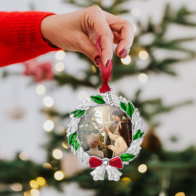2025 Christmas Ornaments 2 inch Picture Frame Metal Hanging Pendant for Tree Small Decorative Keepsake, Display Photo for Baby and Pet (Wreath (2025))