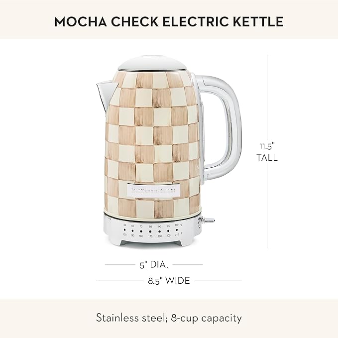 MACKENZIE-CHILDS Electric Kettle, Stainless-Steel Appliances Kettle, Brown-and-White Mocha Check