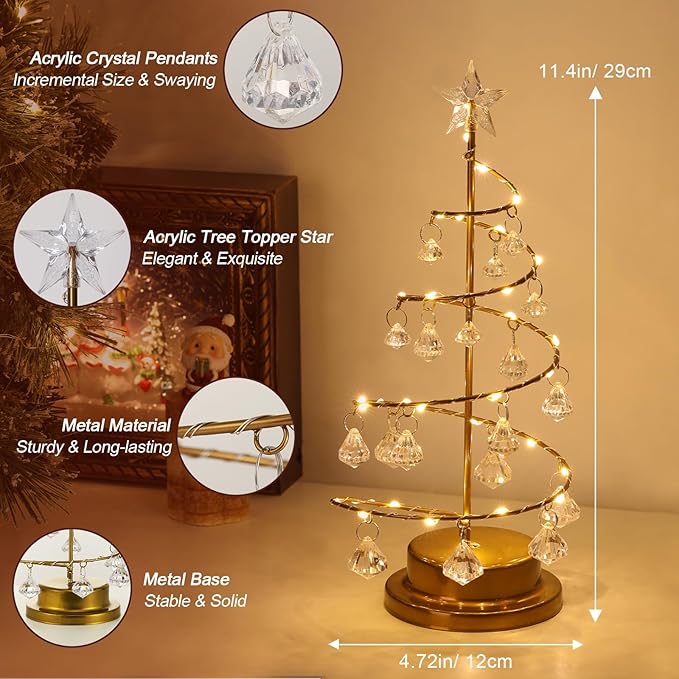 Lewondr Christmas Tree Light, 11'' Battery Operated Christmas Tree Night Light, Crystal Spiral Xmas Tree Table Lamp with Star Light & Metal Stand, Christmas Decoration for Home Room Desk Indoor, Gold
