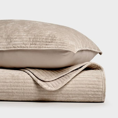 EVERGRACE Velvet Quilt Set Queen Size, Luxurious Soft Quilted Bedding Sets, Lightweight Velvet Comforter for All Season, Striped Channel Bedspread Coverlet with 2 Shams, Urban Taupe