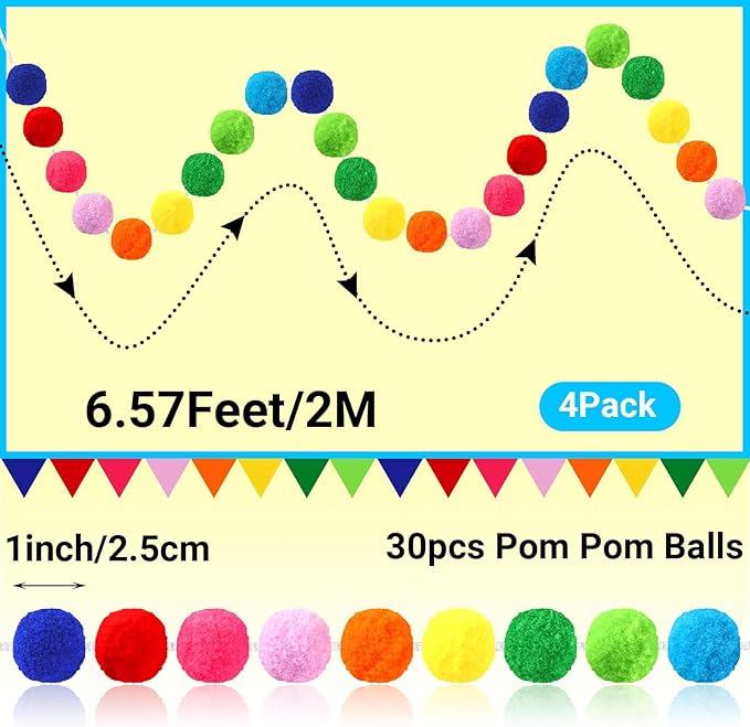 MARFOREVER 4 Pack 26.3 Feet Colorful Christmas Pom Pom Garland Decorations, 30 Balls Rainbow Felt Ball Garland Christmas Garlands Hanging Supplies for Xmas Tree Classroom Birthday Party Wall Decor