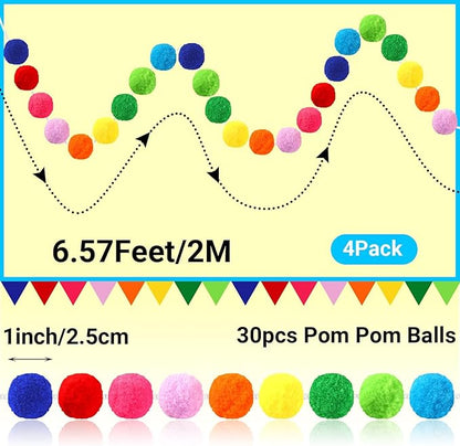 MARFOREVER 4 Pack 26.3 Feet Colorful Christmas Pom Pom Garland Decorations, 30 Balls Rainbow Felt Ball Garland Christmas Garlands Hanging Supplies for Xmas Tree Classroom Birthday Party Wall Decor