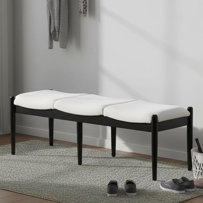 DUOMAY 55'' Modern Ottoman Bench, Chenille Upholstered Entryway Bench Bedroom Bench with Wood Legs, End of Bed Bench for Bedroom, Living Room, Corners, Kitchen, White
