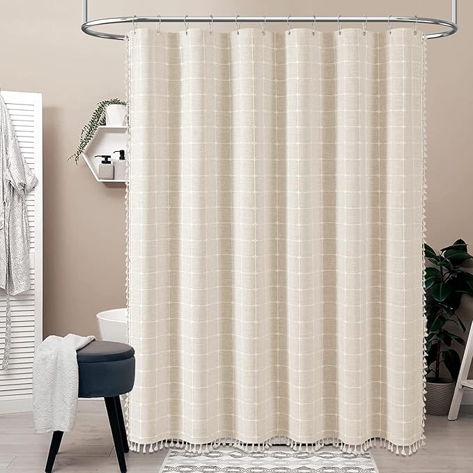 BTTN 84 Inch Wide Shower Curtain - W84xH72 Boho Farmhouse Fabric Shower Curtain Set with 14 Plastic Hooks, Large Country Hotel Spa Simple Water-resistant Cloth Bath Curtains for Bathroom - Cream/Beige