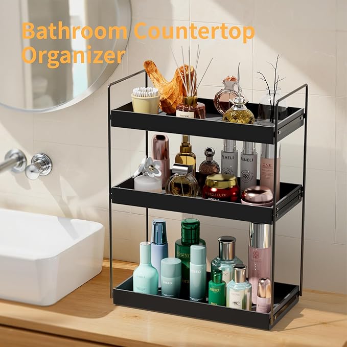 Bathroom Countertop Organizer, 3 Tier Metal Vanity Counter Skincare Shelf, Matte Black Under Sink Standing Rack With Acrylic Tray, Home Storage Holder For Lotion Makeup Cosmetics Perfume Spice