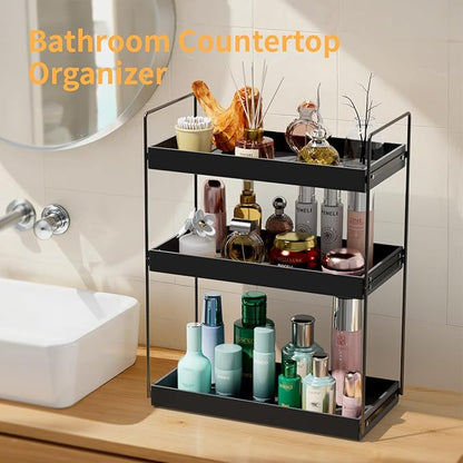 Bathroom Countertop Organizer, 3 Tier Metal Vanity Counter Skincare Shelf, Matte Black Under Sink Standing Rack With Acrylic Tray, Home Storage Holder For Lotion Makeup Cosmetics Perfume Spice