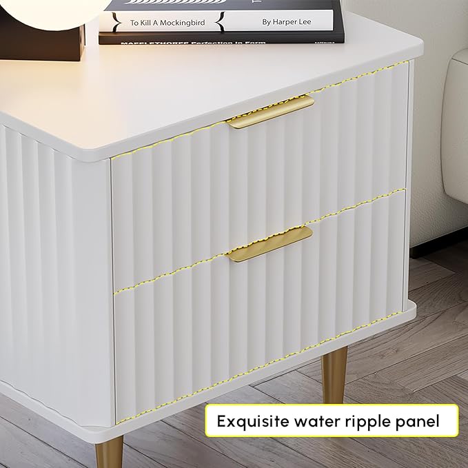 homary Modern Night Stand, White Night Stand with Drawers, Bedside Table with Gold Metal Legs for Bedroom Living Room
