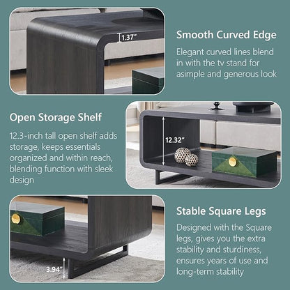 48" Modern Coffee Table, 2-Tier Minimalist Center Table with Storage Shelf, Curved Profile Design, Wooden Rectangular Living Room Table w/Wood Thick Design for Living Room, Office, Dark Grey