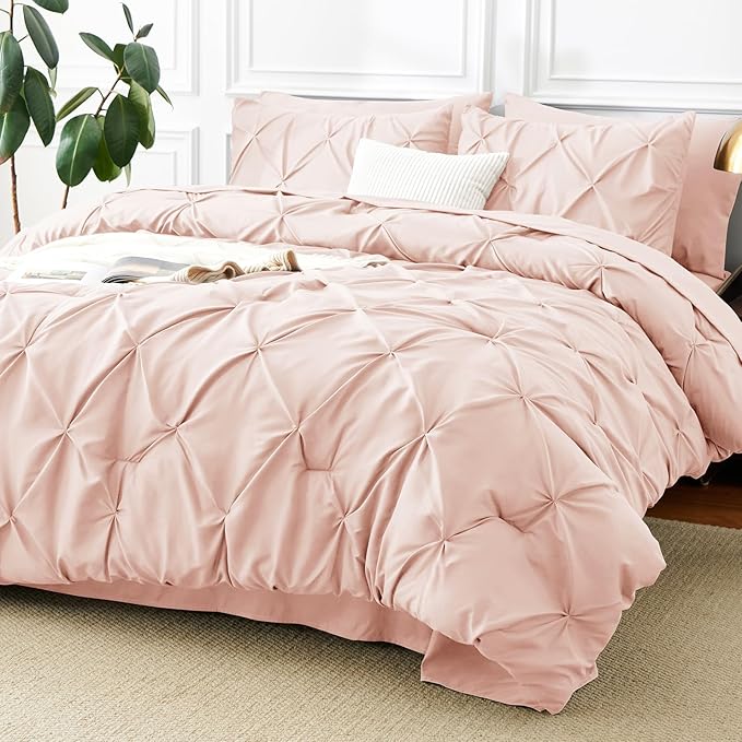 CozyLux Full Size Comforter Sets Blush Pink, 7 Pieces Pintuck Bed in A Bag Pink Comforter Full Size, Pinch Pleat Bedding Sets with All Season Comforter, Sheets, Pillowcases & Shams
