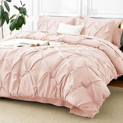 CozyLux Full Size Comforter Sets Blush Pink, 7 Pieces Pintuck Bed in A Bag Pink Comforter Full Size, Pinch Pleat Bedding Sets with All Season Comforter, Sheets, Pillowcases & Shams