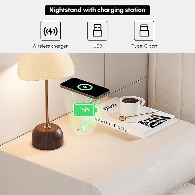 homary Smart Nightstand with Wireless Charging, USB & Type-C Ports – Modern White Faux Leather Nightstand with 2 Drawers, Bedside Table with Charging Station for Bedroom Living Room