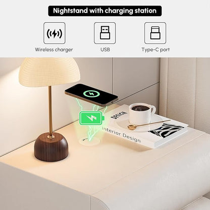homary Smart Nightstand with Wireless Charging, USB & Type-C Ports – Modern White Faux Leather Nightstand with 2 Drawers, Bedside Table with Charging Station for Bedroom Living Room