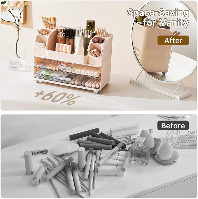Makeup Organizer for Vanity with 2 Large Drawers, Cosmetic Display Case with Brush Holders, Easy to Storage for Bathroom Countertop Skincare, Desk Office Supplies, Cream White