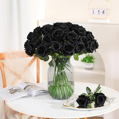 Nubry 50pcs Artificial Silk Roses Bulk,Fake Roses Flower with Stems Realistic Flowers for Wedding Centerpiece Home Party Decor(Black)