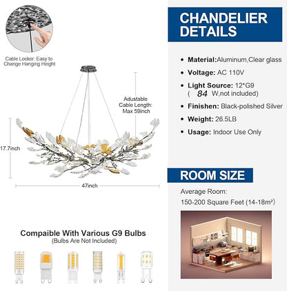 Modern Crystal Chandelier, L47 Rectangle Glass Ginkgo Leaf Chandeliers, Black Tree Branch Chandelier Over Dining 12-Light Farmhouse Chandeliers for Foyer Living Room Kitchen Island