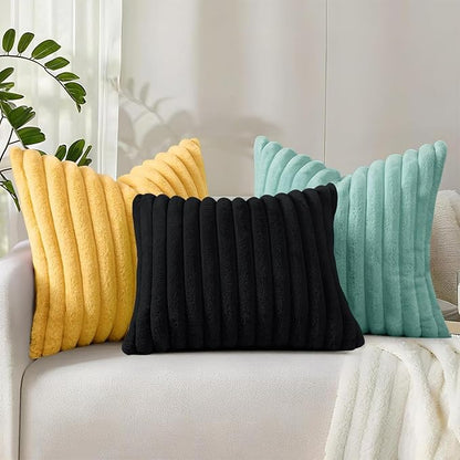 decorUhome Faux Fur Throw Pillow Covers 20x20 Set of 2, Decorative Soft Plush Striped Neutral Euro Pillow Covers with Velvet Back for, Bed, Living Room Home Decor, Aqua
