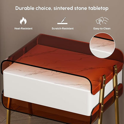 homary Modern Lighted Nightstand with Wireless Charging Station, Acrylic Shelves and Motion Sensor LED – Smart Bedside Table with Leather Drawer and Stainless Steel Legs