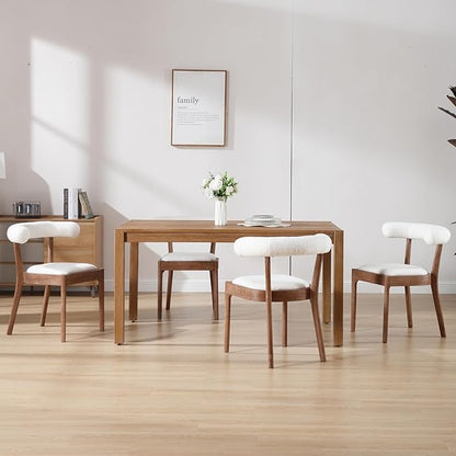Wood Dining Chairs Set of 6, Mid Century Modern Living Room Chairs with Unique Curved Open Back Comfy Upholstered Side Chair for Kitchen/Restaurant/Reception, Sherpa White