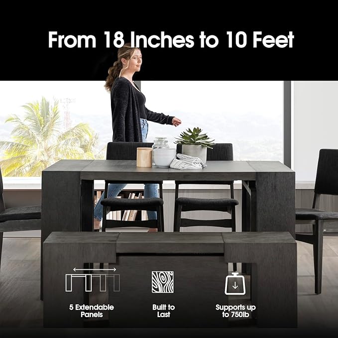 Transformer Table Expandable Dining Table for 2 to 12 – Solid Wood Extendable Kitchen Table, Space-Saving Adjustable Dinner Table, Modern Wooden Dining Furniture (Dark Grey, Table with 5 Panels)