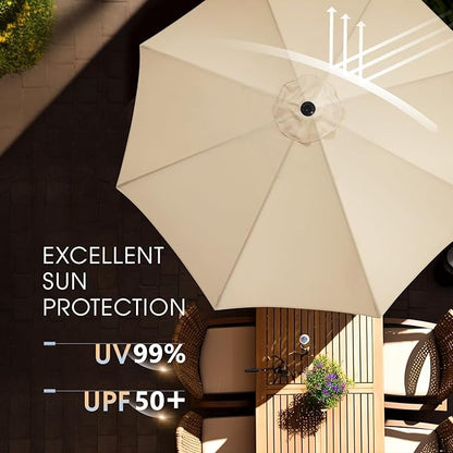 wikiwiki 9 FT Patio Umbrellas Outdoor Table Market Umbrella with Push Button Tilt/Crank,8 Sturdy Ribs, Fade Resistant Waterproof POLYESTER DTY Canopy for Garden, Lawn, Deck, Backyard & Pool