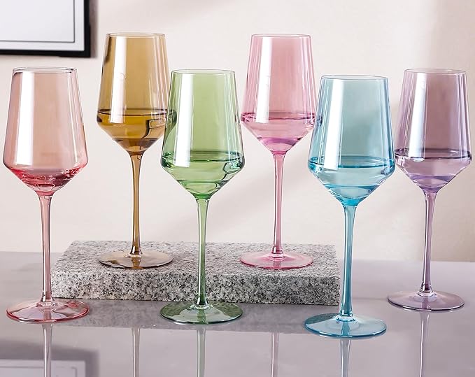 Physkoa 15oz Colored Wine Glasses Set of 6 – Elegant Long Stem Glassware for Wine, Party, Dinner, Housewarming, Birthday or Holiday Gift