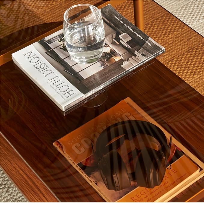 Saint Mossi Oval Glass Coffee Table for Small Living Room, Double Layer Glass and Wood Center Table, Brown Glass & Coffee Brown MDF Bottom Shelf, 41”x21 x17, Gold Table Legs